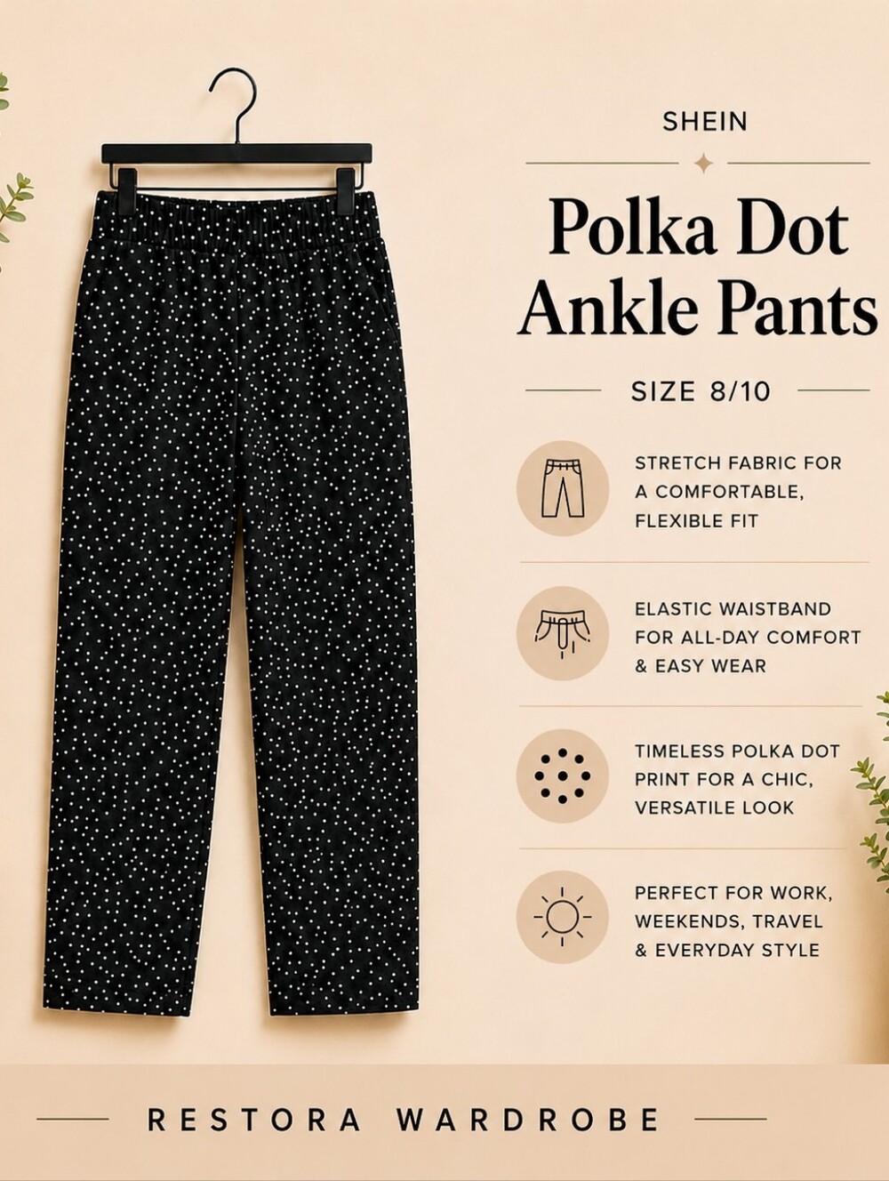 SHEIN Polka Dot Ankle Pants L Black White Pull On Stretch Pockets